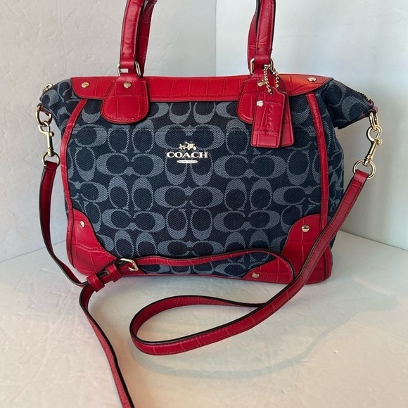 Coach NWOT “Mickie” Signature Print Denim With Croc Red Leather Trim Satchel - Picture 10 of 10